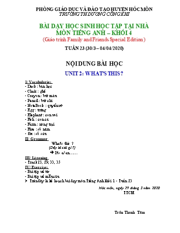 Bài giảng Tiếng Anh Lớp 1 (Tuần 23: 30/3-04/04/2020) - Unit 2: Whats This? - Năm học 2019-2020