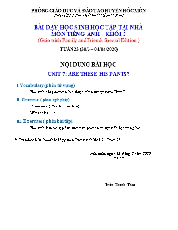 Bài giảng Tiếng Anh Lớp 2 (Tuần 23: 30/3-04/04/2020) - Unit 7: Are these His pants? - Năm học 2019-2020