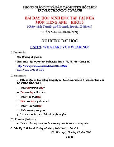 Bài giảng Tiếng Anh Lớp 3 (Tuần 23: 30/3-04/04) - Unit 9: What are you wearing? - Năm học 2019-2020