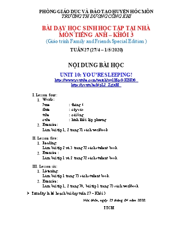 Bài giảng Tiếng Anh Lớp 3 - Unit 10: Youre Sleeping! - Năm học 2019-2020