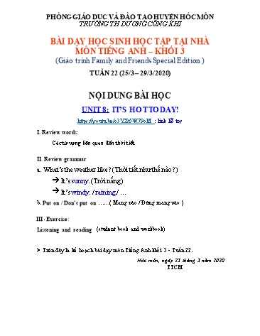 Bài giảng Tiếng Anh Lớp 3 - Unit 8: Its Hot Today! - Năm học 2019-2020