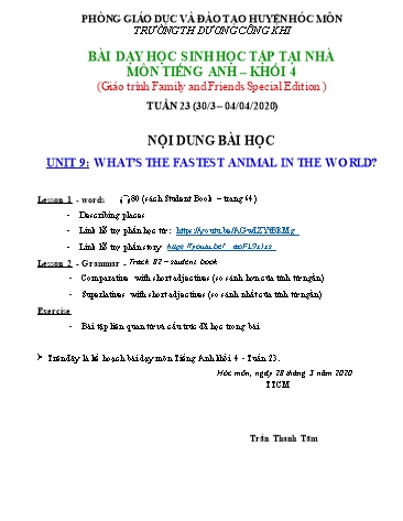 Bài giảng Tiếng Anh Lớp 4 (Tuần 23: 30/3-04/04) - Unit 9: Whats The Fastest Animal in the World - Năm học 2020-2021