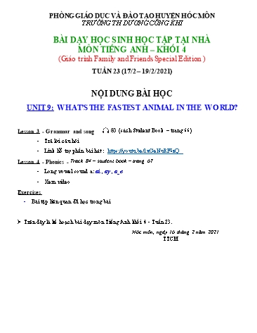 Bài giảng  Tiếng Anh Lớp 4 (Tuần 23) - Unit 9: Whats The Fastest Animal in the World - Năm học 2020-2021