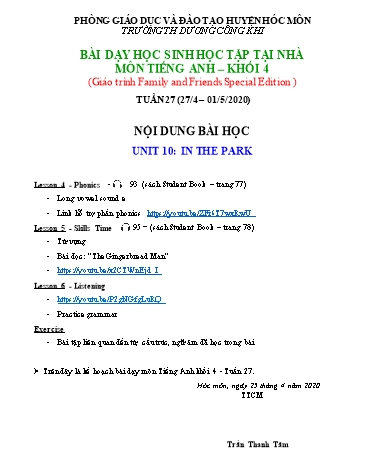 Bài giảng Tiếng Anh Lớp 4 - Unit 10: In The Park - Năm học 2019-2020