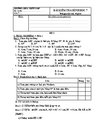 Bài kiểm tra hình học Lớp 7 - Trường THCS Châu Can