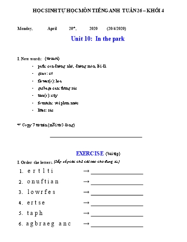 Bài tập Tiếng Anh Lớp 4 - Unit 10: In the park - Năm học 2019-2020