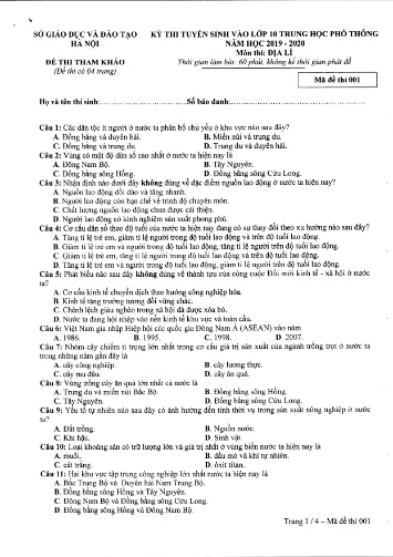 Đề thi tuyển sinh vào Lớp 10 Trung học phổ thông môn Địa lí - Năm học 2019-2020 - Mã đề thi 001 - SGD&ĐT Hà Nội