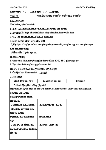 Giáo án Đại số Lớp 8 - Tiết 01: Nhân đơn thức với đa thức - Lê Thị Kim Hồng