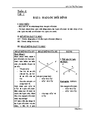 Giáo án Hình học Lớp 7 - Bài 1: Hai góc đối đỉnh