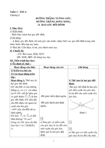 Giáo án Hình học Lớp 7 - Chương I: Đường thẳng vuông góc. Đường thẳng song song. Bài 1: Hai góc đối đỉnh