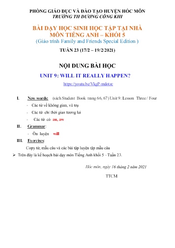 Giáo án môn Tiếng Anh Lớp 5 - Tuần 23 (17/2 - 19/2/2021) - Unit 9: Will It Really Happen?