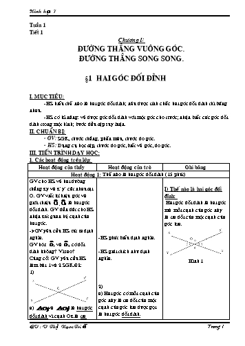 Giáo án môn Toán Hình Lớp 7 - Chương I: Đường thẳng vuông góc. Đường thẳng song song