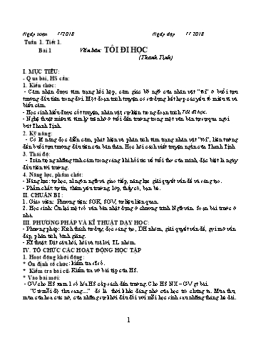 Giáo án Ngữ Văn Lớp 8 - Bài 1: Tôi đi học (Thanh Tịnh_