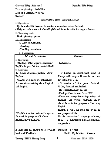 Giáo án Tiếng Anh Lớp 7 (Unit 1,2,3,4,5,6) - Nguyễn Tiến Dũng