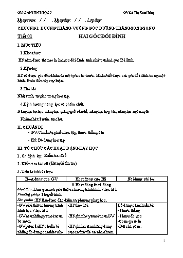 Giáo án Toán Hình Lớp 7 - Chương I: Đường thẳng vuông góc. Đường thẳng song song. Tiết 01: Hai góc đối đỉnh - Lê Thị Kim Hồng