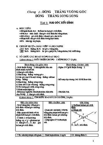 Giáo án Toán Hình Lớp 7 - Chương I: Đường thẳng vuông góc. Đường thẳng song song. Tiết 1: Hai góc đối đỉnh