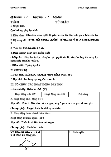 Giáo án Toán Hình Lớp 8 - Tiết 01: Tứ giác - Lê Thị Kim Hồng