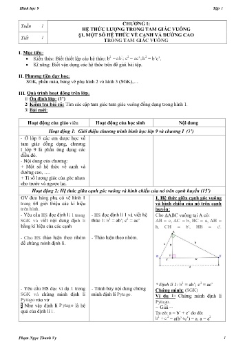 Giáo án Toán Hình Lớp 9 - Chương I: Hệ thức lượng trong tam giác vuông. Tiết 1: Một số hệ thức về cạnh và đường cao trong tam giác vuông