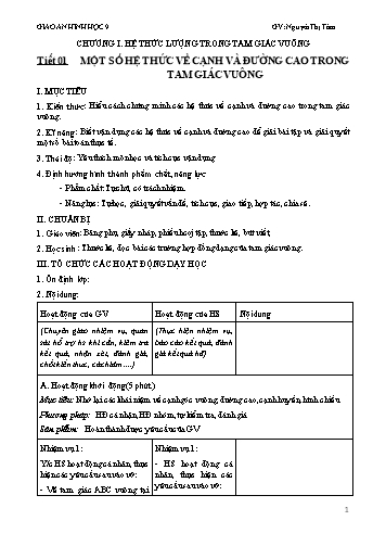 Giáo án Toán Hình Lớp 9 - Chương I: Hệ thức lượng trong tam giác vuông. Tiết 01: Một số hệ thức về cạnh và đường cao trong tam giác vuông - Nguyễn Thị Tâm