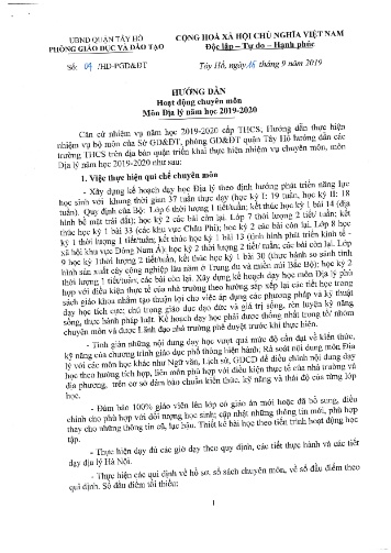 Hướng dẫn hoạt động chuyên môn môn Địa Lý năm học 2019-2020 - Phòng GD&ĐT-UBND Quận Tây Hồ