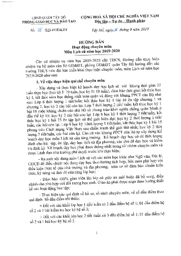 Hướng dẫn hoạt động chuyên môn môn Lịch sử năm học 2019-2020 - Phòng GD&ĐT-UBND Quận Tây Hồ