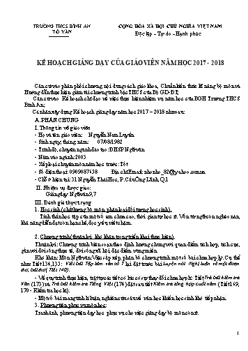 Kế hoạch giảng dạy môn Ngữ Văn Lớp 7, 9 - Năm học 2017-2018 - Nguyễn Nam Luyến - Trường THCS Bình An