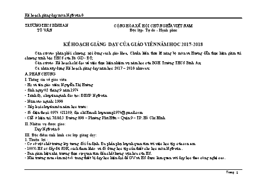 Kế hoạch giảng dạy môn Ngữ Văn Lớp 7 - Năm học 2017-2018 - Nguyễn Thị Hường - Trường THCS Bình An