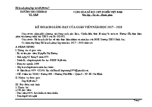 Kế hoạch giảng dạy môn Ngữ Văn Lớp 8 - Năm học 2017-2018 - Nguyễn Thị Hường - Trường THCS Bình An