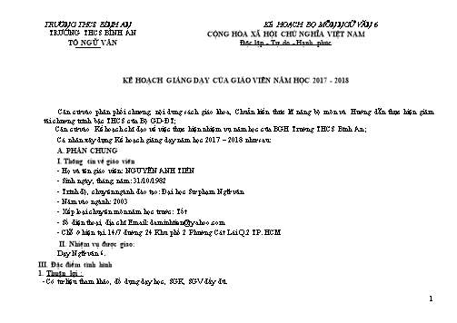 Kế hoạch giảng dạy Ngữ văn Lớp 6 - Năm học 2017-2018 - Nguyễn Anh Tiến - Trường THCS Bình An