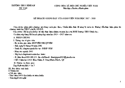 Kế hoạch giảng dạy Ngữ Văn Lớp 6 - Năm học 2017-2018 - Nguyễn Thị Quyên - Trường THCS Bình An
