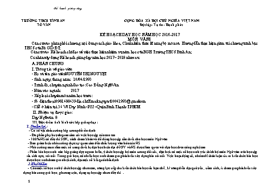 Kế hoạch giảng dạy Ngữ Văn Lớp 8 - Năm học 2016-2017 - Nguyễn Thị Nguyệt - Trường THCS Bình An