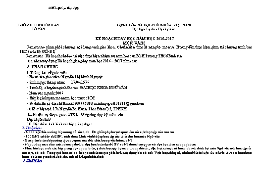 Kế hoạch giảng dạy Ngữ Văn Lớp 8 - Năm học 2016-2017 - Nguyễn Thị Minh Nguyệt - Trường THCS Bình An