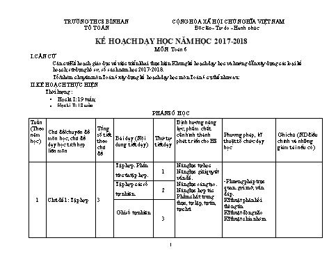 Kế hoạch giảng dạy Toán Lớp 6 - Năm học 2017-2018 - Trường THCS Bình An