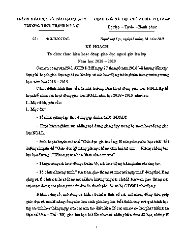 Kế hoạch tổ chức thực hiện hoạt động giáo dục ngoài giờ lên lớp - Năm học 2029-2019 - Trường THCS Thạnh Mỹ Lợi