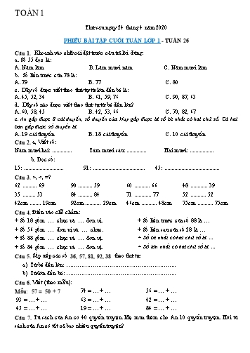 Phiếu bài tập Toán cuối tuần Lớp 1 (Tuần 26)
