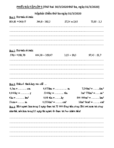 Bài tập môn Toán Lớp 5 - Phần 2 - Năm học 2019-2020