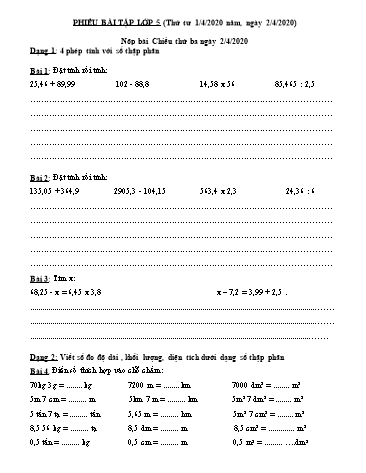 Bài tập môn Toán Lớp 5 - Phần 3 - Năm học 2019-2020