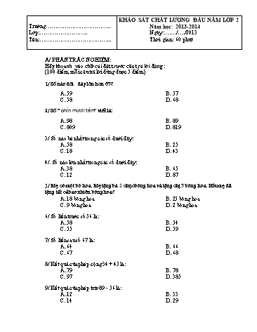 Đề khảo sát chất lượng đầu năm Lớp 2 môn Toán (Có đáp án)