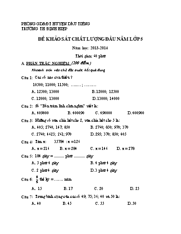 Đề khảo sát chất lượng đầu năm Lớp 5 (Có đáp án)