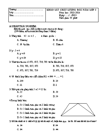 Đề khảo sát chất lượng đầu năm môn Toán Lớp 3 (Có đáp án)