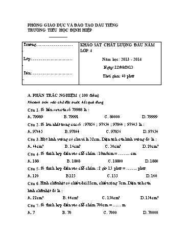 Đề khảo sát chất lượng đầu năm môn Toán Lớp 4 (Có đáp án)