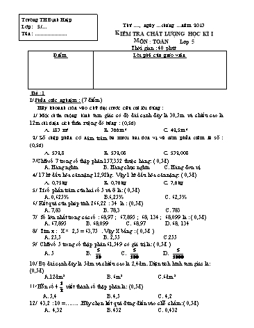 Đề kiểm tra chất lượng học kì I các môn Lớp 5 (Có đáp án)