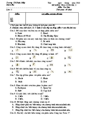 Đề kiểm tra cuối học kì I môn Tin học Lớp 5 (Có đáp án)