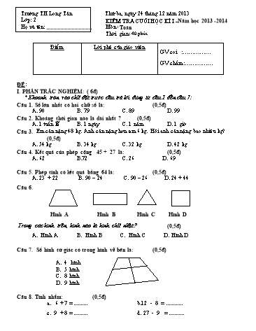 Đề kiểm tra cuối học kì I môn Toán Lớp 2 (Có đáp án) - Trường TH Long Tân