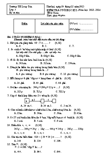 Đề kiểm tra cuối học kì I môn Toán Lớp 3 (Có đáp án) - Trường TH Long Tân