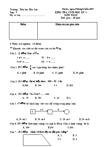 Đề kiểm tra cuối học kì I môn Toán Lớp 3 - Trường Tiểu học Hòa Lộc