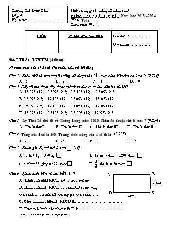 Đề kiểm tra cuối học kì I môn Toán Lớp 4 (Có đáp án) - Trường TH Long Tân Đề kiểm tra cuối học kì I môn Toán Lớp 4 (Có đáp án) - Trường TH Long Tân