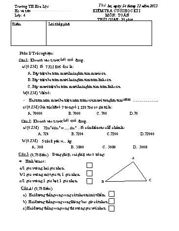 Đề kiểm tra cuối học kì I môn Toán Lớp 4 - Trường Tiểu học Hòa Lộc