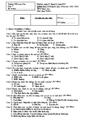 Đề kiểm tra cuối kì I môn Khoa học Khối 5 (Có đáp án) - Trường TH Long Tân