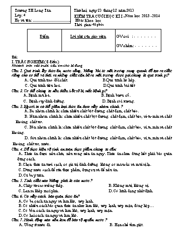 Đề kiểm tra cuối kì I môn Khoa học Lớp 4 (Có đáp án) - Trường TH Long Tân